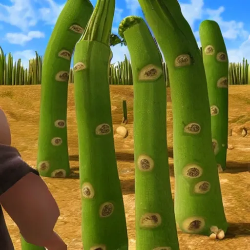 Prompt: 3d video game gameplay of man in field of giant asparagus