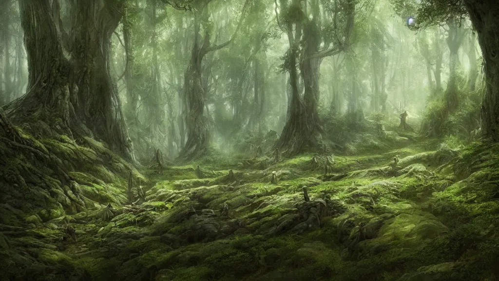Prompt: peaceful elven forest, thick forest, by alan lee, michal karcz, smooth details, lord of the rings, game of thrones, smooth, detailed terrain, oil painting, trending artstation, concept art, fantasy matte painting