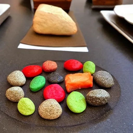 Prompt: food made of little rocks, low quality, bad lighting