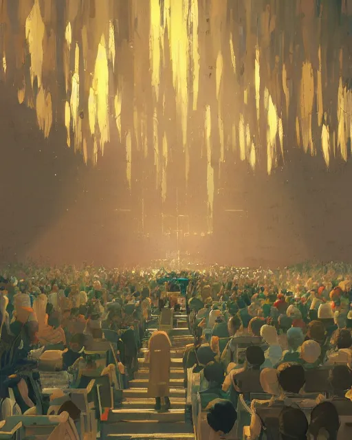 Image similar to craig mullins and ghibli digital illustration of a crowd in a futuristic church, priest, pews, ethereal, inviting, bright, unreal engine, hyper realism, realistic shading, cinematic composition, realistic render, octane render, detailed textures, photorealistic, wide shot