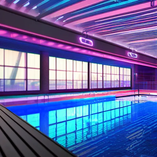 Image similar to A ray of light glimmering over a pool in a futuristic setting, cyberpunk, neon lights, pastel colours, 8k render octane engine