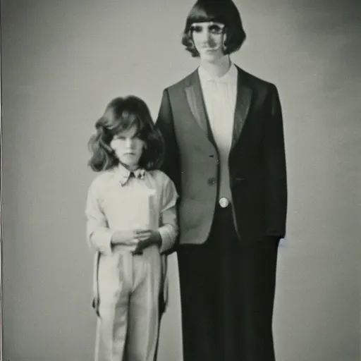 Prompt: a vintage 1 9 7 0 s photograph of a mother and her son posing in fancy dress. this is a professional photograph taken in a photographer's studio.