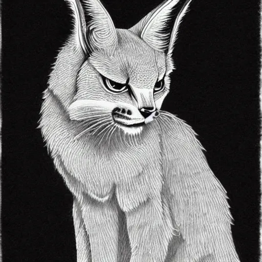 Image similar to cute fluffy caracal, black ink on paper, trending on artstation, beautiful, intricate, detailed