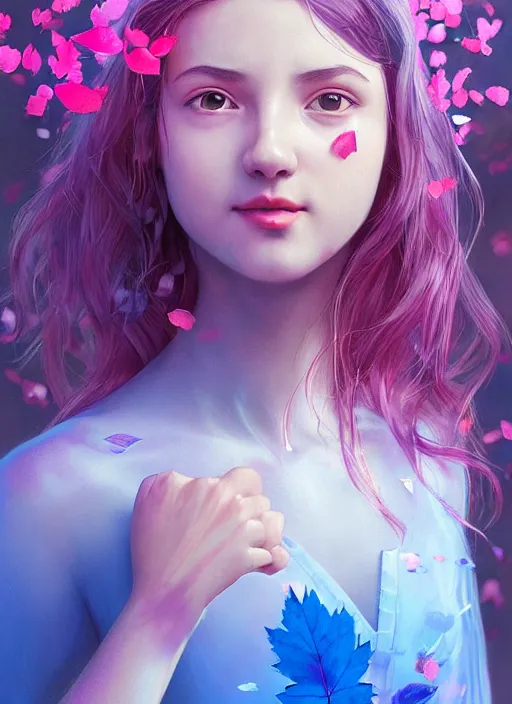 Prompt: wendys restaurant girl covered in translucent blue and pink leaf and petals in the style of stefan kostic, cute - fine - face, dasha taran, backlit, refracted lighting, elegant, half body shot, 8 k, insanely detailed, intricate, art by stanley lau, artgerm, wlop, kuvshinov ilya,