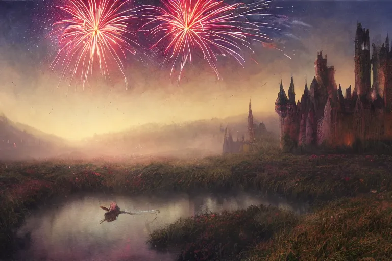 Prompt: wide angle view, a beautiful digital painting of a vast valley of fairy homes and castles with firework festival in the sky, twilight, fireworks, river, reflections, by greg rutkowski, gerald brom, marc simonetti, jean - baptiste monge, and brian froud, symmetry, complementary colors, ink illustration, sharp focus, octane render