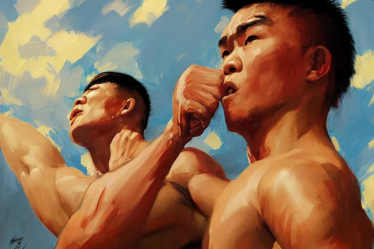 Image similar to greg manchess portrait of a filipino mma fighter with a sword shouting happy, profile picture, organic painting, sunny day, matte painting, bold shapes, hard edges, street art, trending on artstation, by huang guangjian, gil elvgren, ruan jia, randy vargas, greg rutkowski