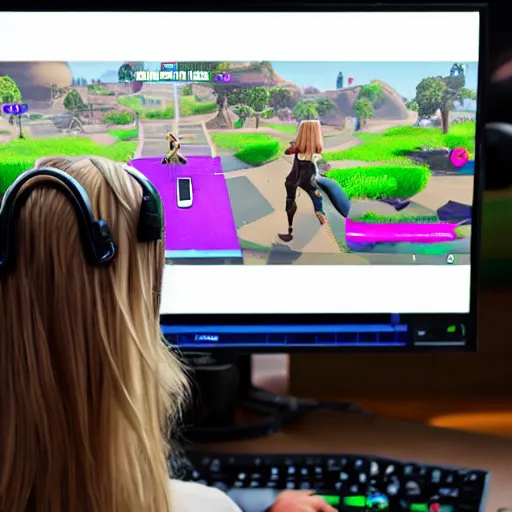 Image similar to view from behind of a female with long blonde hair wearing headset watching monitor displaying fortnite, intricate detail, cinematic composition