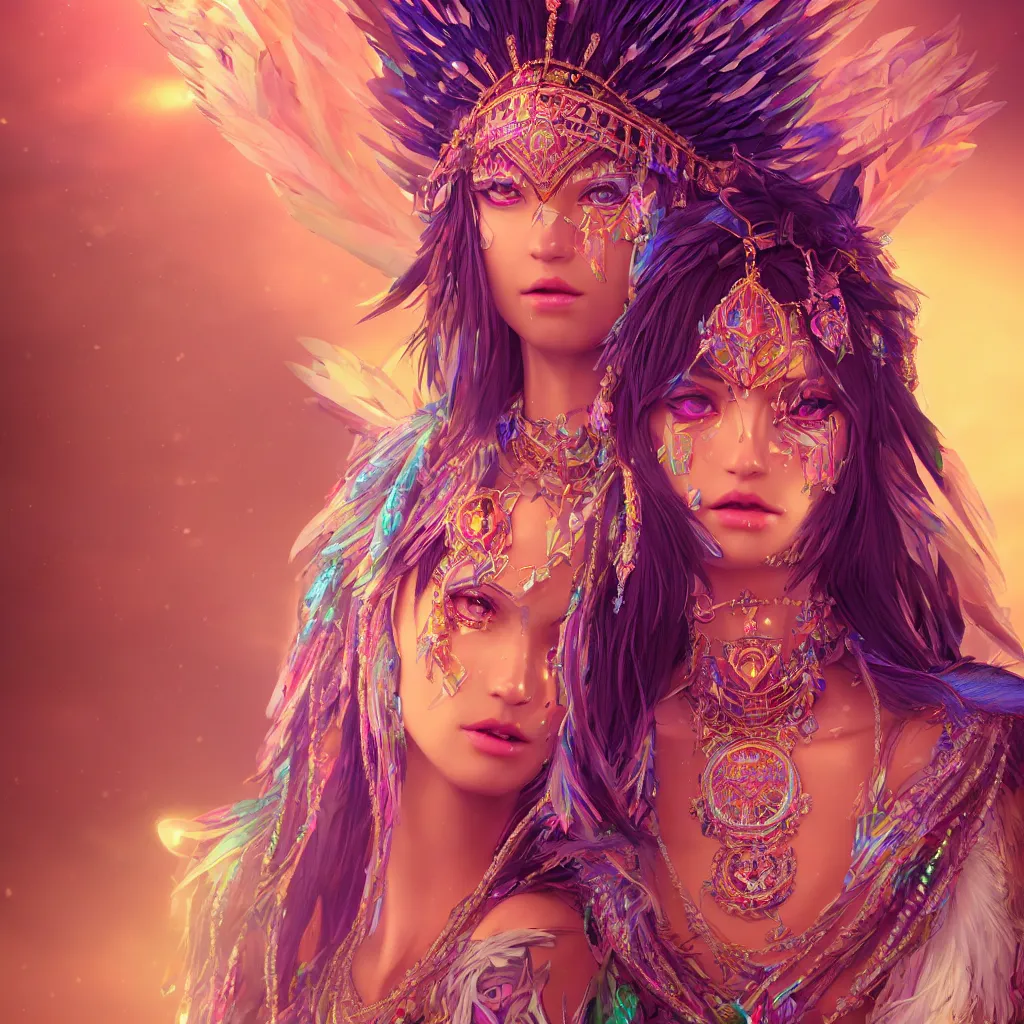 Image similar to portrait highly detailed beautiful symmetrical face high priestess intricate elegant detailed crystal jewellery with tribal feathers, lush colourful volumetric lighting, anime digital painting, concept art, smooth, sharp focus 3 d, divine realm of gods, realistic cinematic style, octane render, photographic, unreal engine 8 k