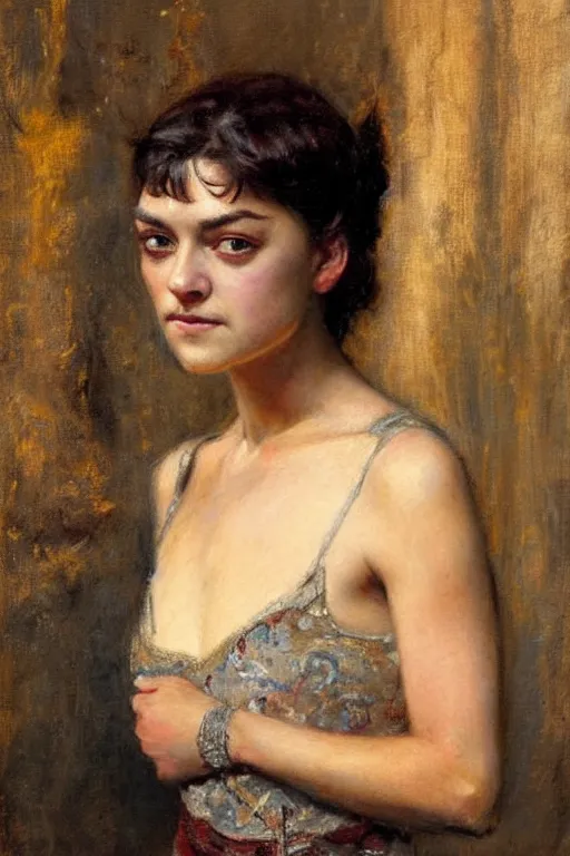 Image similar to portrait of arya stark. art by gaston bussiere.