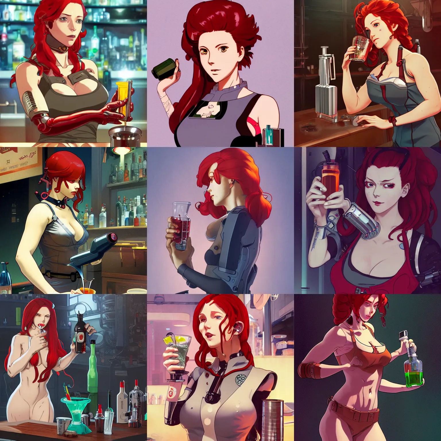 Prompt: a cyborg bartender mixing a drink, redhead, prosthesis, cyberpunk, finely illustrated face, highly detailed, colored pencil, studio ghibli, tankobon, in the style of ilya kuvshinov and krenz cushart and william - adolphe bouguereau and alphonse mucha