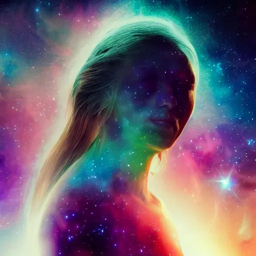 Prompt: woman made of nebula in space with hubble background, vray, 5 5 mm