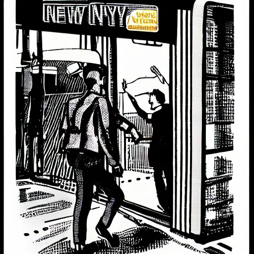 Image similar to a risograph print of a man walking into a New York City subway station