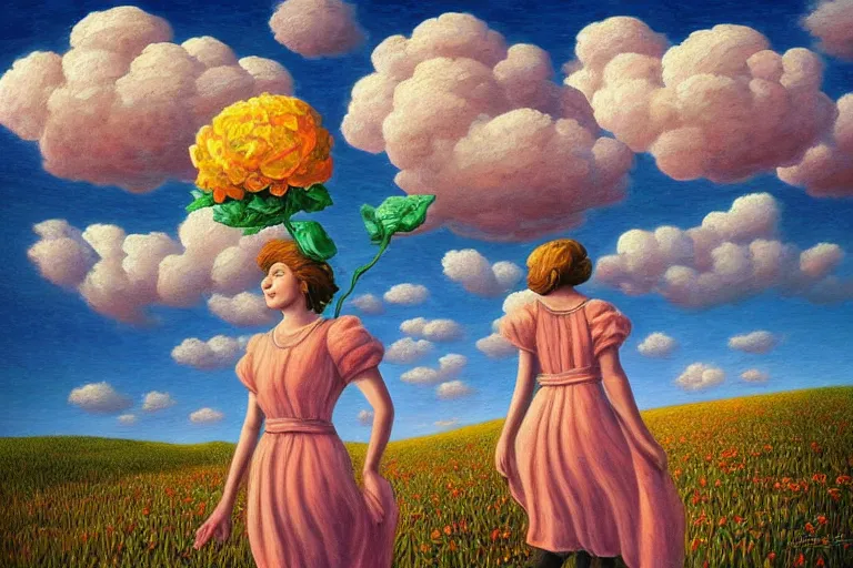 Image similar to giant flower head, woman walking, surreal, clouds in sky, impressionist painting, digital painting, artstation, rob gonsalves