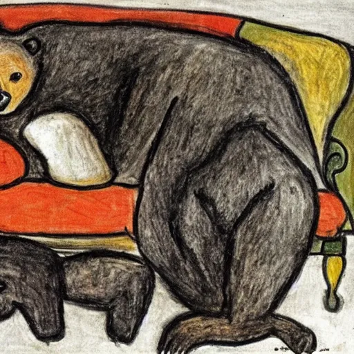 Prompt: an expressionist drawing of a bear laying in a sofa, wearing a shirt, panting because it's so warm. in a living room of the white house.