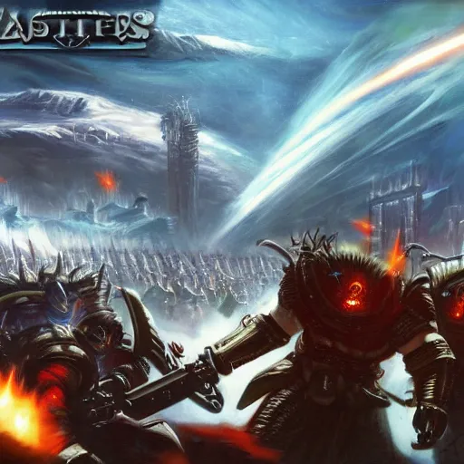 Prompt: Astartes, orcs, epic battle, retro futurism style, 4k