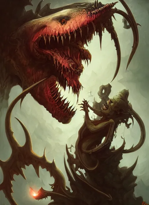 Image similar to a vampire with a sea lamprey mouth, in the styles of peter mohrbacher, gerald brom, and marc simonetti, intricate, hyperrealistic, volumetric lighting