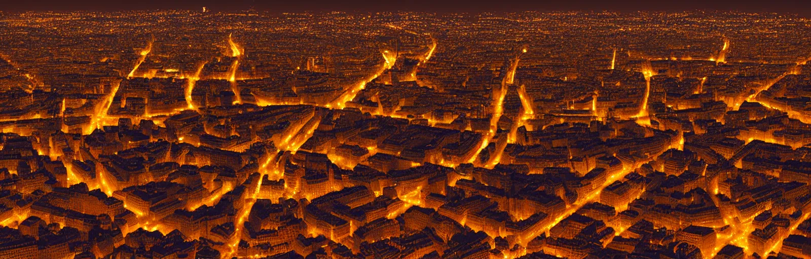 Image similar to night time overhead drone helicopter photo of paris france with bokeh, depth of field, glowing lights, romantic beautiful, black, red, yellow, orange colors, telephoto lens, romantic, soft, beautiful, award winning architecture, extremely beautiful lighting, cinematic composition, modern, render, architectural, architecture, realistic, clear