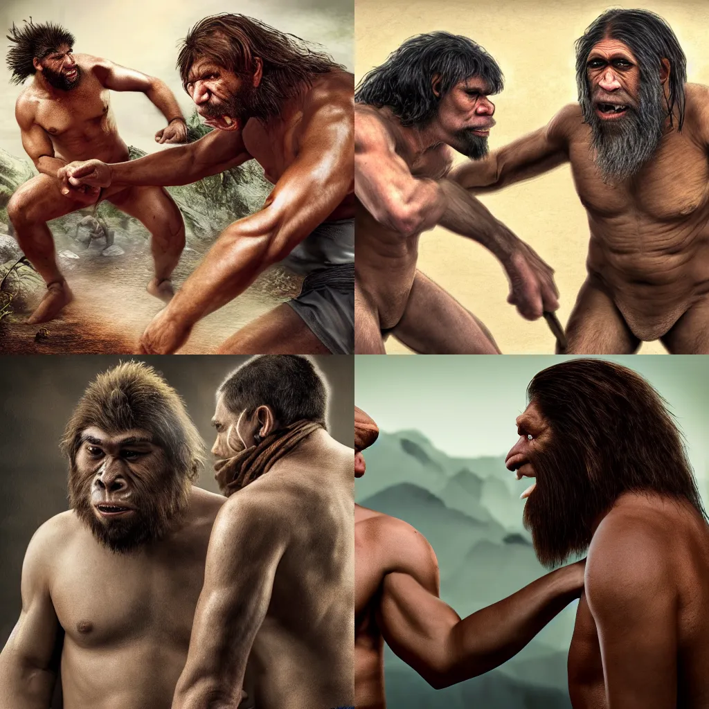 Prompt: a neanderthal fighting a homo sapien, 4k,