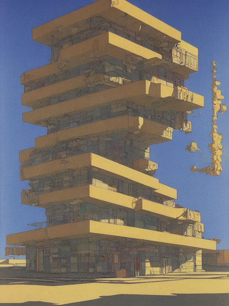 Prompt: a psychedelic hallucination of a brutalist hotel in the high plains desert, by kawase hasui, moebius, edward hopper, colorful flat surreal design, dramatic lighting, hd, 8 k, artstation