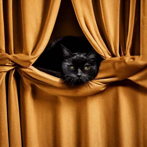 Image similar to a black cat lying behind the curtain, photo