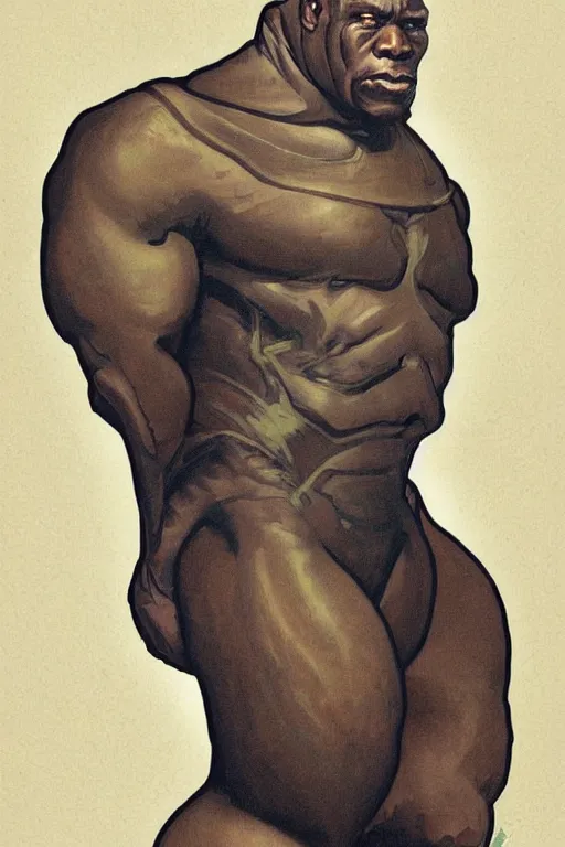 Prompt: portrait of giant african man with a muscular neck wearing a scifi dune stillsuit, nebula in the background, illustration by normal rockwell and alphonse mucha, artstation character concept art