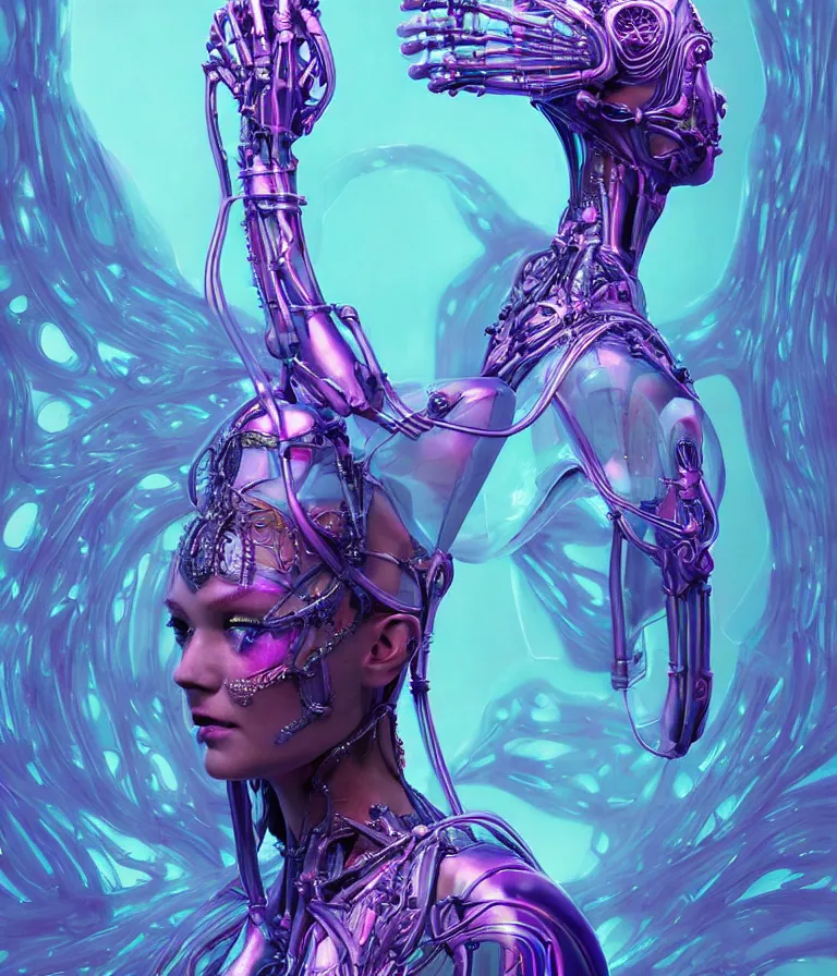 Image similar to fully symmetrical centered iridescent portrait of a beautiful princess in robe. artificial muscles, ribcage, bones, hard surface modelling. cyberpunk look. biomechanical mask. bio luminescent biomechanical halo around head. neon jellyfish. artwork by jarold Sng by artgerm, by Eddie Mendoza, by Peter mohrbacher by tooth wu, unreal engine, octane render, cinematic light, high details, iridescent colors, dichroic, macro, depth of field, blur