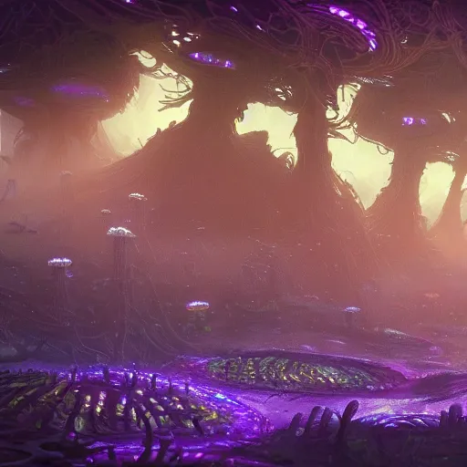 Image similar to concept art detailed painting of a dark purple fungal city made of mushrooms, with glowing blue lights, in the style of jordan grimmer and neil blevins and wayne barlowe