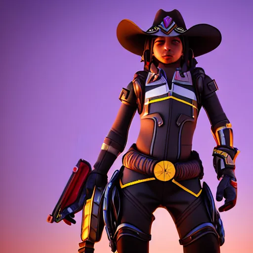 Image similar to a young girl with the appearance and armor of mccree from overwatch, design, octane render, 4 k, ingame shot