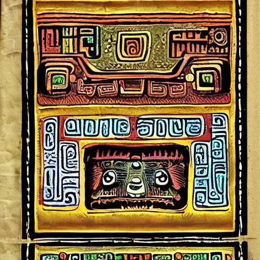 Prompt: Ancient Mayan codex with illustrations of System Shock 2