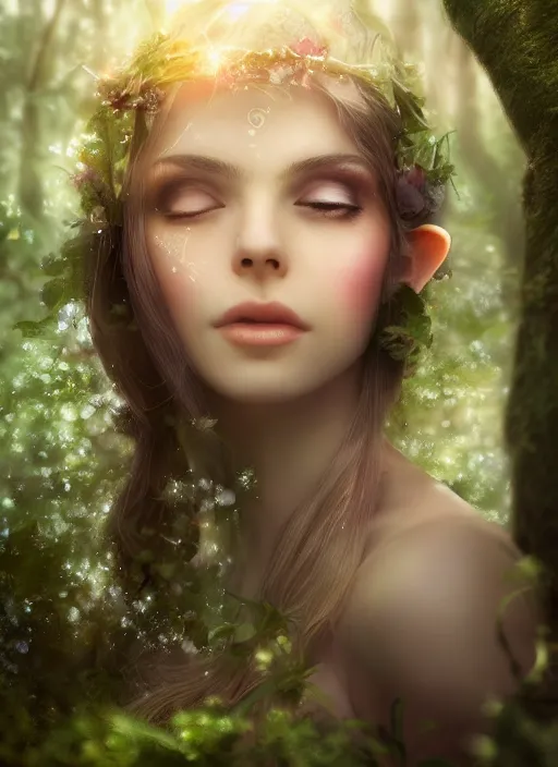 Image similar to beatiful ethereal elf princess in an enchanted forest, 3/4 side view, hair jewellery, fully clothed, light mist, light rays sieving through the trees, shallow depth of field, focus on the face, coherent composition, no watermark, by Yuumei, by Artgerm, by WLOP