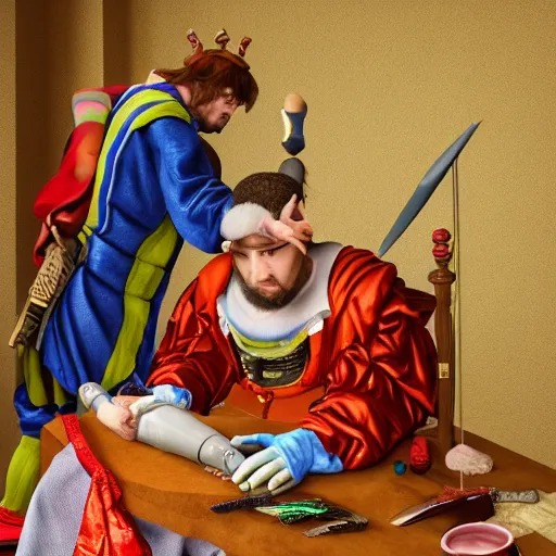 Prompt: Court jester doing surgery. High resolution. Highly realistic. Highly detailed. 8k. 4k.