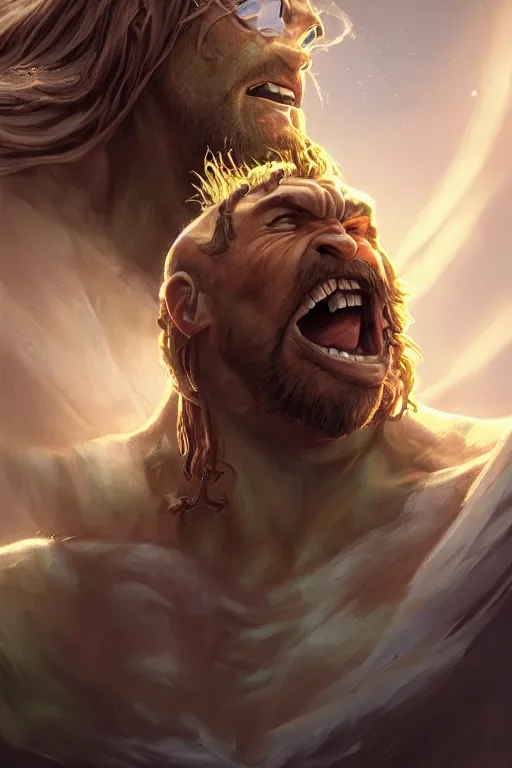 Image similar to clear portrait hulking herculean ogre jesus christ, background hyper detailed, character concept, full body, dynamic pose, glowing lights intricate, elegant, highly detailed, digital painting, artstation, concept art, sharp focus, illustration, van baarle lois and sanderson ruth