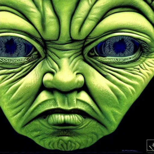 Image similar to portrait ultra dimensional baby yoda tripping on dmt, psychedelic experience, overwhelming self realization and awakening, ultra high definition, unreal engine 5, hyperrealism, masterpiece composition, surrealism by alex grey, salvador dali 8 k photorealistic