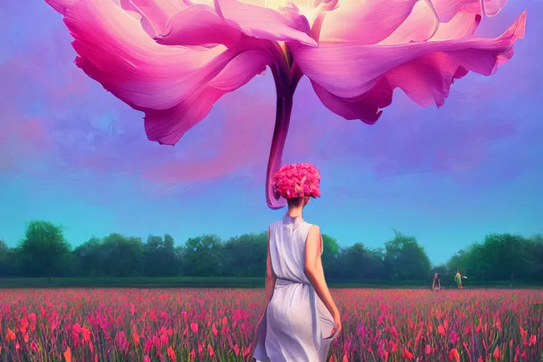 Image similar to giant gladiola head, girl walking in field of flowers, surreal photography, sunrise, blue sky, dramatic light, impressionist painting, digital painting, artstation, simon stalenhag