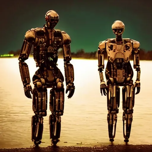 Prompt: Beautiful cinematic scene of a couple of two damaged and broken humanoid robots standing near a river, at night, peaceful, science fiction, cinematic lighting, insanely detailed, directed by Denis Villeneuve and Wes Anderson, filmic