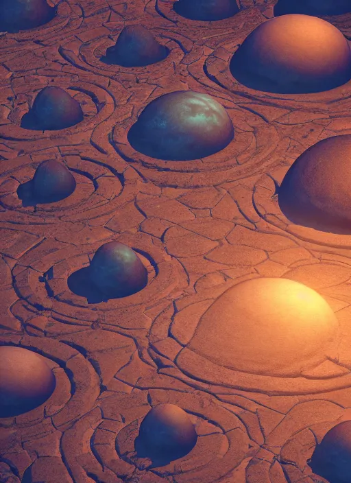 Image similar to isometric view of a planet surface with ancient structures, swirling platforms, multiple levels, unreal engine, Arnold render, octane render, moody, night, highly detailed, volumetric lighting, glow