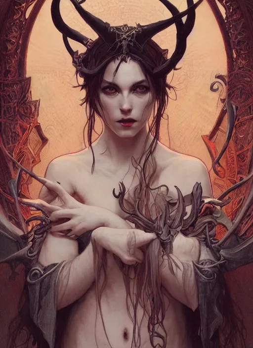 Image similar to a beautiful illustration of a satanic witch with horns in head, intricate, sharp focus, illustration, highly detailed, digital painting, concept art, matte, art by wlop and artgerm and greg rutkowski and alphonse mucha, masterpiece