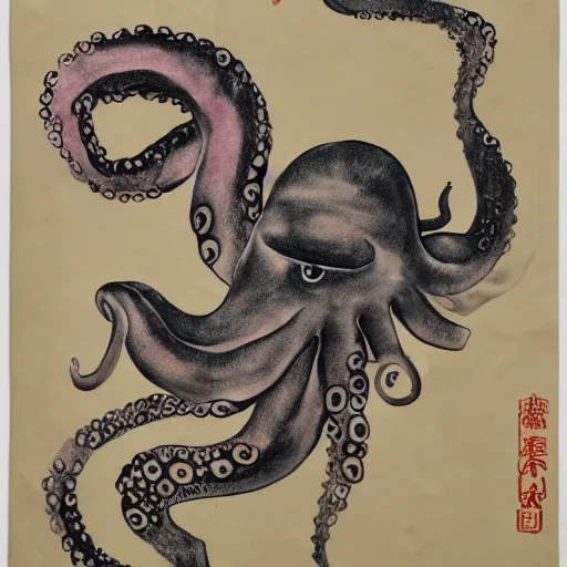 Image similar to a pig - octopus, calligraphy, ink on japanese rice paper