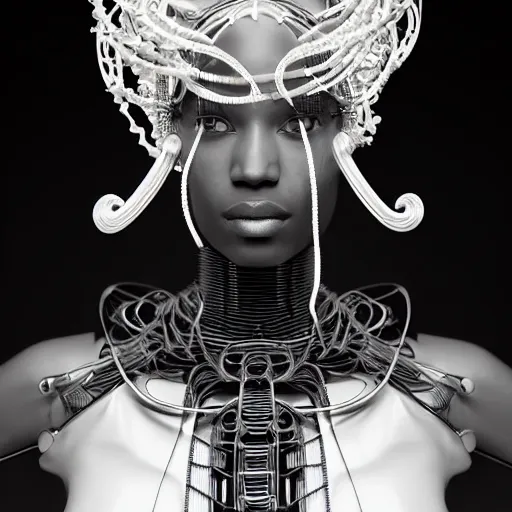 Prompt: portrait of an absurdly beautiful, graceful, sophisticated, fashionable black cyberpunk mechanoid gravure idol, ultrafine hyperdetailed illustration by irakli nadar, matt wisniewski style, marvel comics, intricate linework, ebony skin, neon jellyfish headdress, ivory carved ruff, unreal engine 5 highly rendered, global illumination, radiant light, detailed and intricate environment