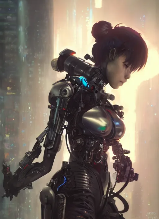 Image similar to cool cyberpunk cyborg samurai girl, battle pose, laser guns, extremely beautiful, detailed portrait, intricate light complexity, concept art by krenz cushart, kyoto animation, wlop. 4 k, beautiful, cinematic dramatic atmosphere, sharp focus, perfect lightning