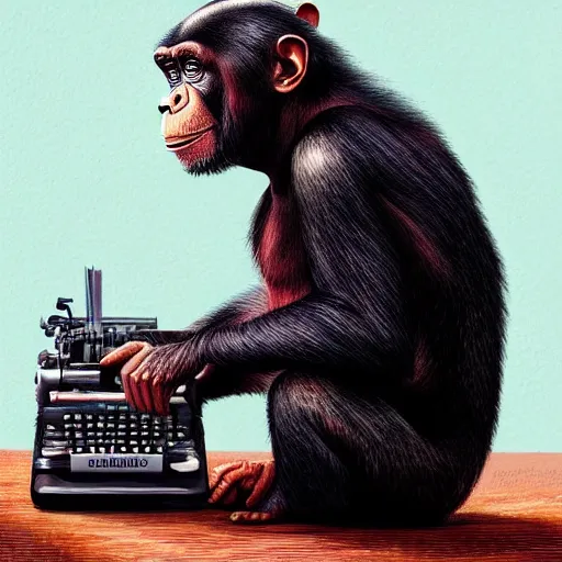 Prompt: painting of a chimp with donald trump hair typing on a typewriter, illustration, artistic, colorful, hyper detailed, in the style of Greg Rutkowski