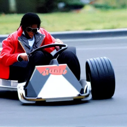 Prompt: photo of Michael Jackson driving a go kart 2002