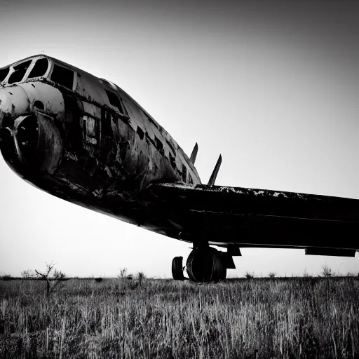 Image similar to black and white press photograph of a rusted abandoned business jet airplane, full view, detailed, natural light, mist, film grain, soft vignette, sigma 5 0 mm f / 1. 4 1 / 1 0 sec shutter, imax 7 0 mm footage