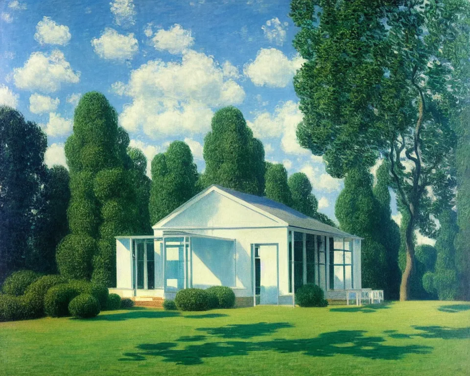 Image similar to achingly beautiful painting of a sophisticated, well - decorated, modern pool house by rene magritte, monet, and turner.