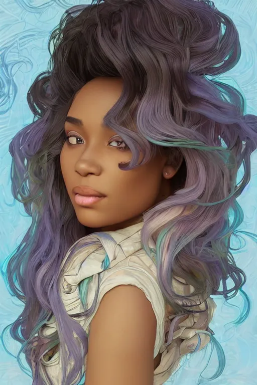 Image similar to beautiful black woman with gorgeous pastel balayage hairstyle, as seen on artgerm, octane render, in the style of alphonse mucha, ultra realistic, highly detailed, 8 k