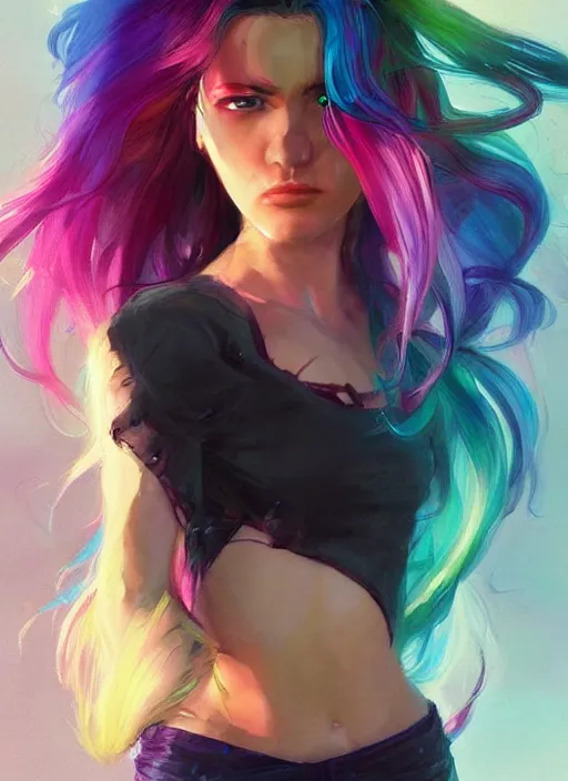 Image similar to a young woman with beautiful rainbow hair. she looks very angry. beautiful painting by artgerm and greg rutkowski