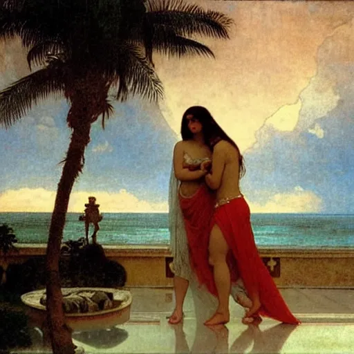 Image similar to Silhouette of two girls at the palace, thunderstorm, greek pool, beach and palm trees on the background major arcana sky, by paul delaroche, alphonse mucha and arnold böcklin arnold böcklin hyperrealistic 8k, very detailed