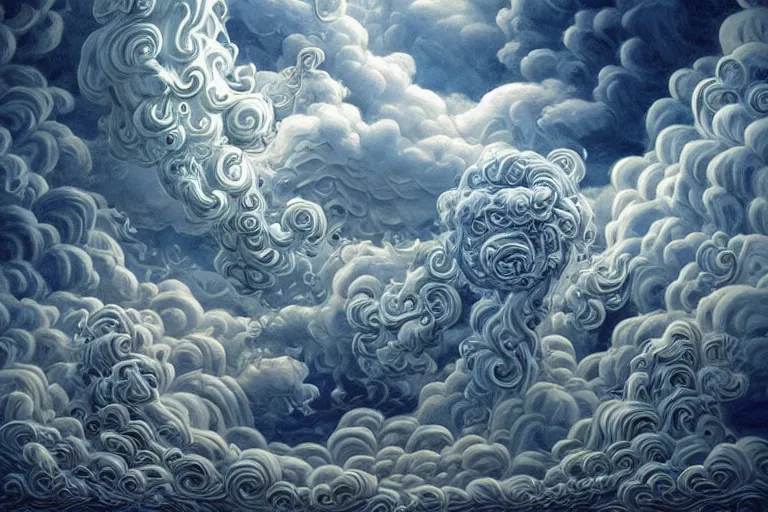 Image similar to a huge flock of many elaborate intricate smooth sculptural whirling elegant clouds puffy filigreed twisting turning cloud sculptures, tornadoes, art nouveau military environment, soothing, crepuscular, award winning art, epic dreamlike fantasy landscape, ultra realistic,