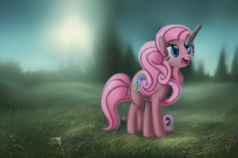 Image similar to Pinkie Pie sitting down viewed from behind, gazing off into the horizon, professional equine photography and mood lighting, flowing mane and tail, relaxed expression, subtle fog, fireflies, realistic digital art, 4k