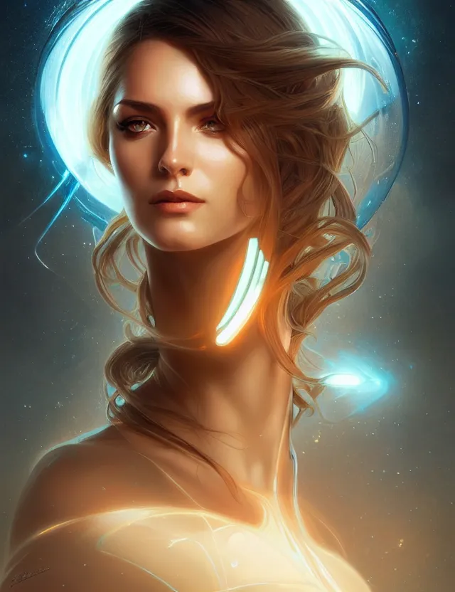 Image similar to futuristic woman portrait, sci-fi, amber eyes, face, long hair, fantasy, intricate, elegant, highly detailed, digital painting, artstation, concept art, smooth, sharp focus, illustration, art by artgerm and greg rutkowski and alphonse mucha